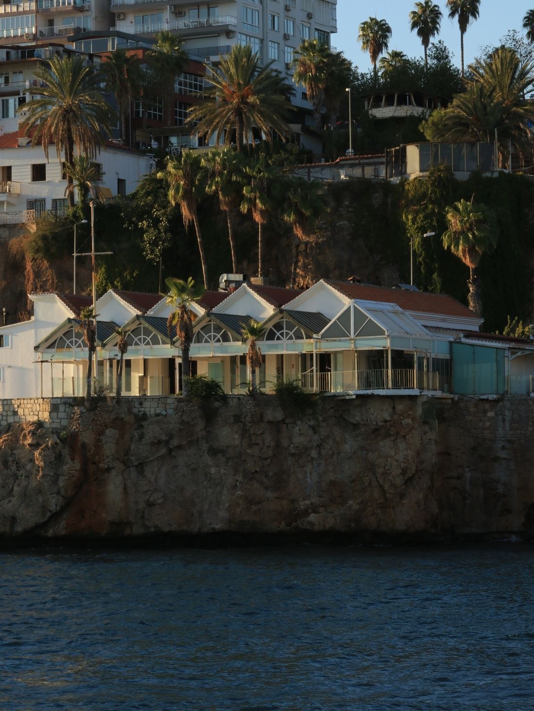 A coastal residence surrounded by palms above the sea